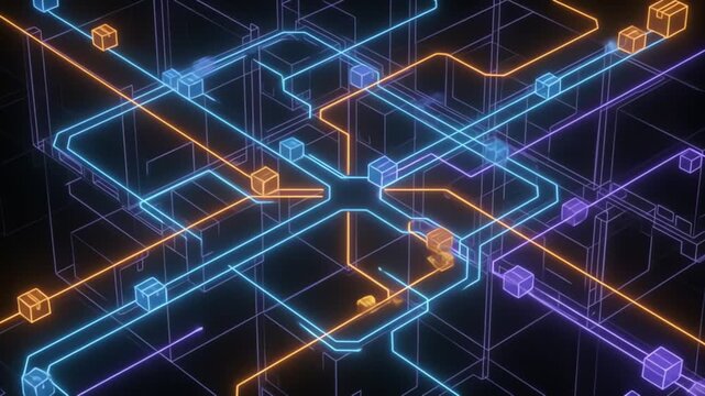 3d wireframe abstract building structure in dark space