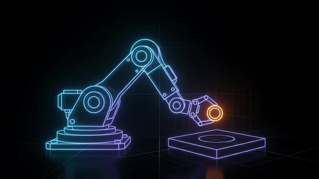 Modern robotic arm picking up glowing orange sphere above flat surface
