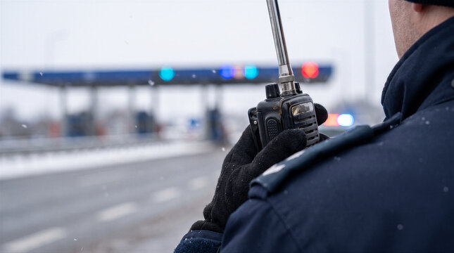 Police officer holding a radio transmitter on a highway toll station background during a snowy winter day