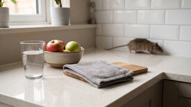 A rat walking on a kitchen countertop next to a bowl of apples and a glass of water