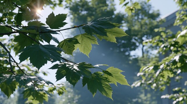 Sunbeams filter through verdant foliage on a bright day.