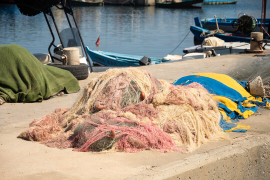 Fishing nets on the pier in Hergla, Tunisia