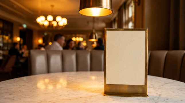 Empty table menu stand on a marble table in a blurred restaurant interior
