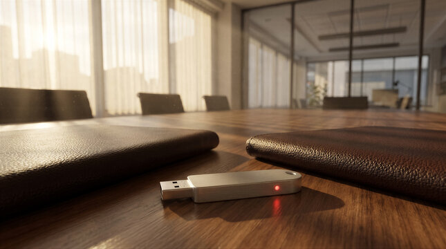 A silver usb flash drive with a glowing red light resting on a wooden conference table in a bright modern office
