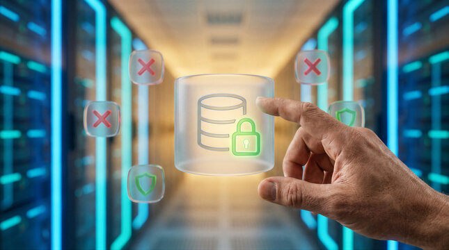 Hand touching a glowing database icon with a padlock in a server room, symbolizing data security, protection, and cybersecurity