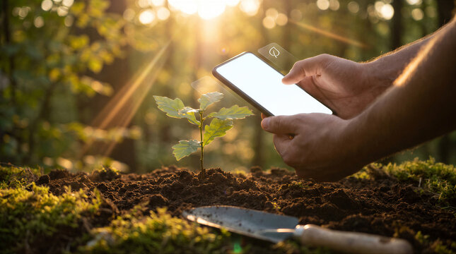 Closeup of a person using a smartphone to scan a small green oak sapling planted in the forest soil at sunset