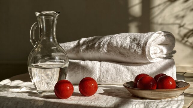 Stacked fluffy white towels accompany a glass carafe of liquid and a small dish of round red objects.