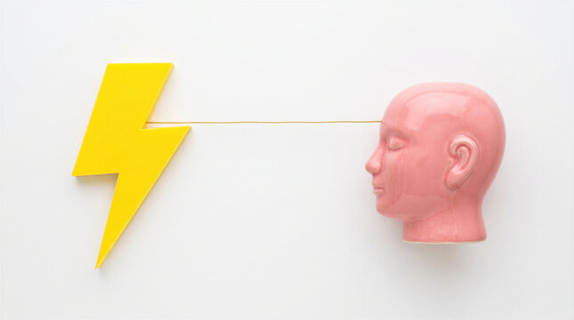 Conceptual art of a yellow lightning bolt connected by a thin wire to a pink ceramic human head isolated on white background