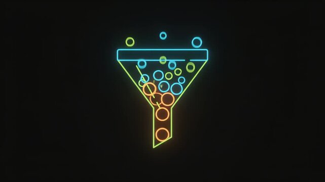 Digital funnel with colorful dots pouring out against dark background