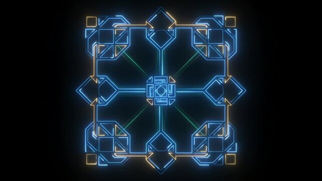Neon blue futuristic maze or puzzle icon on dark background