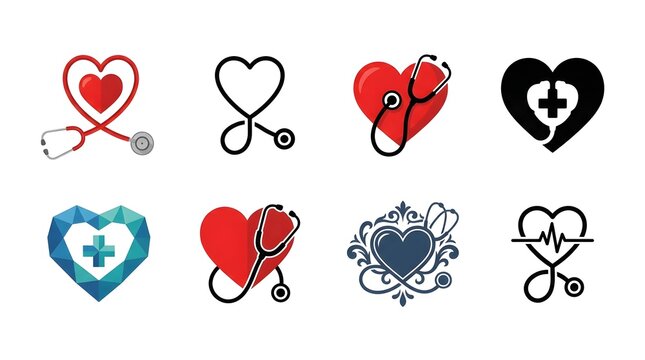 Set of heart and stethoscope icons, medical healthcare logo designs