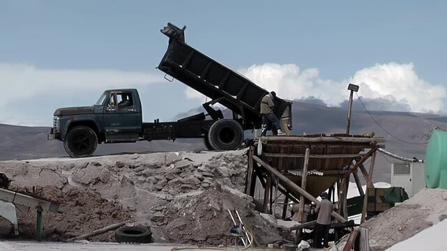 Industrial Dump Truck Unloading Salt Into Hopper at Salinas Grandes Salt Flats in Argentina - 4K