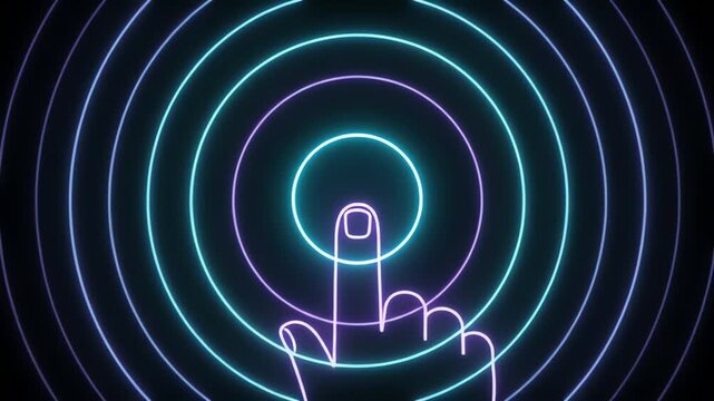 Finger clicking glowing circular button on dark background