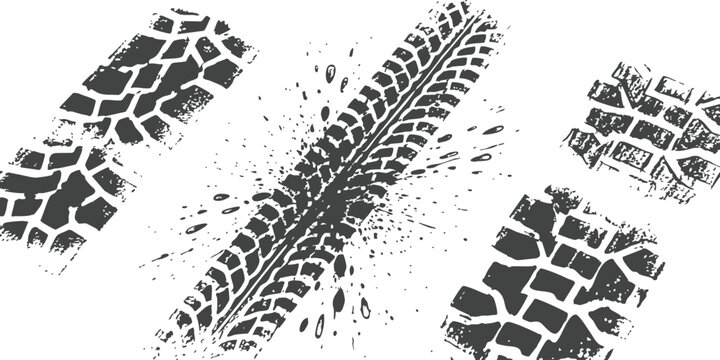 Black tire track marks and muddy wheel prints set for automotive design elements and off road vehicle graphics