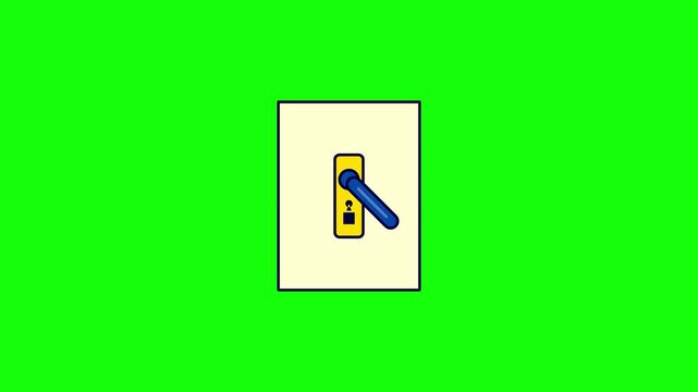 Minimalist flat vector illustration of a blue door handle on a yellow plate and cream panel, isolated against a solid bright green background for easy keying or compositing.