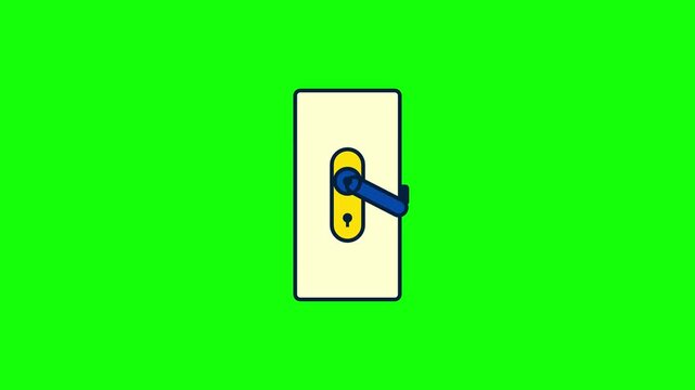 Factual 2D vector illustration of a door handle mechanism featuring a blue lever, yellow lock plate, and keyhole on a rectangular panel with a solid green background.