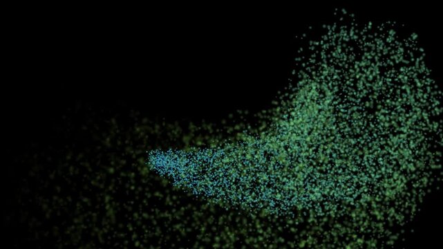 Abstract particle mustache shape forming with blue and green light during dark cinematic motion