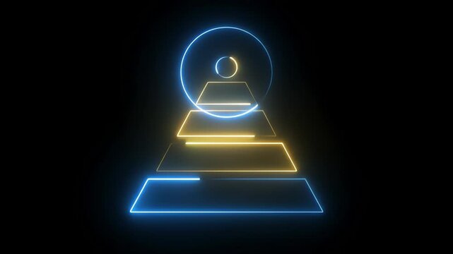 Neon glowing pyramid with a small circle on top against dark background