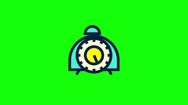 Stylized flat vector illustration of an alarm clock icon with thick outlines on a bright green background, featuring a gear-shaped dial and centered with blue alignment guides and coordinates.