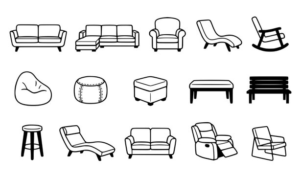 Living room seating furniture vector icon set with sofa armchair bench bean bag and pouf