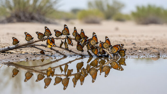 Monarch butterflies resting on a branch over water in desert