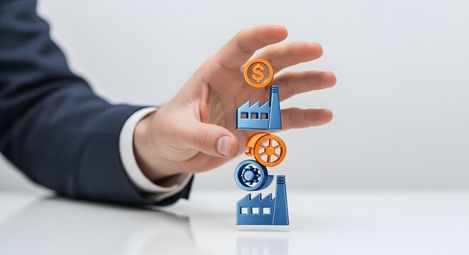 Illustrative business concept of industrial development and investment growth with a hand arranging factory icons and currency symbols on a white surface