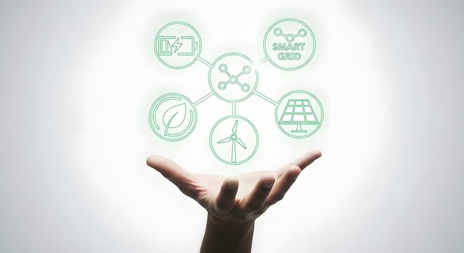 Hand holding digital green energy icons representing smart grid, wind turbine, and solar power concepts
