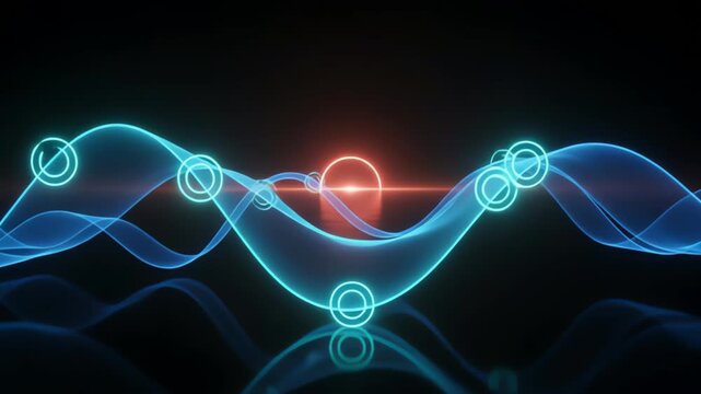 Dna strand with glowing nodes and light waves in dark space