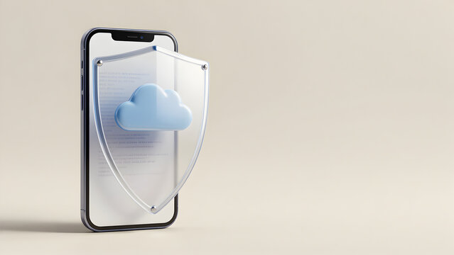 Smartphone displaying security shield and cloud icon concept