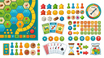 Fototapeta premium Set of board game elements including board pieces cards dice and tokens.