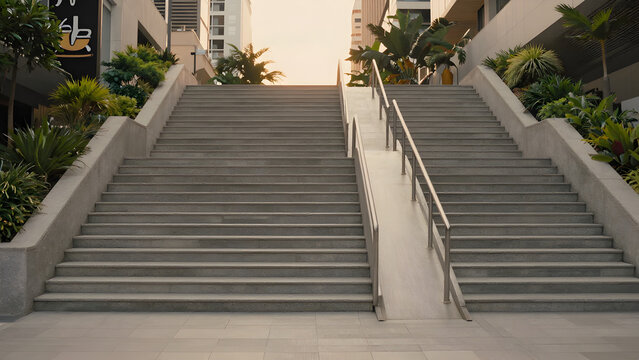 Modern outdoor staircase leading between contemporary buildings