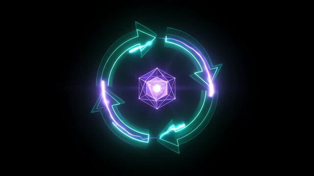 Cyber geometric arrows forming a circle with glowing purple core