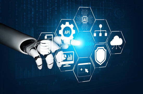 Futuristic robotic hand interacting with digital icons representing technology, data processing, artificial intelligence, and cloud computing in a virtual environment Quark.