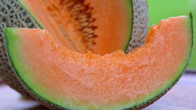 Fresh cantaloupe melon sliced on wooden