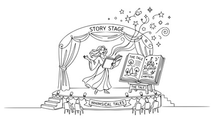 Fototapeta premium Storyteller on Stage with Open Book, Whimsical Tales Performance