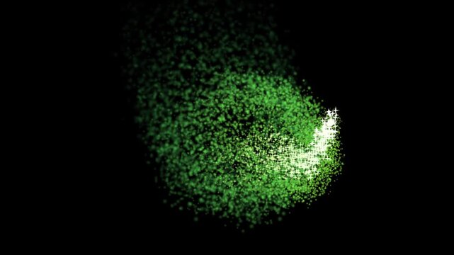 Green particles forming abstract organic shapes in dark void with soft light emphasis