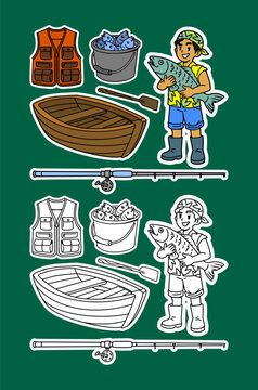 Fishing Gear and Boy Color and Outline Illustration Set
