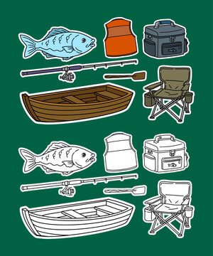 Fishing Equipment Color and Outline Elements Set