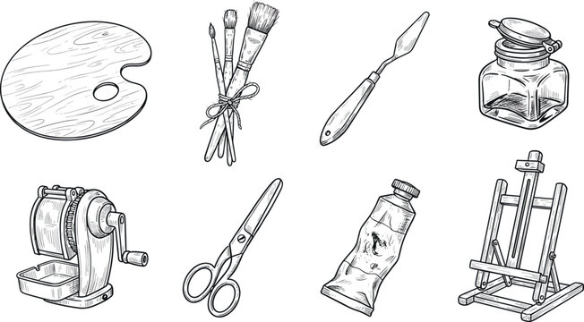Vintage Fine Art Supplies and Painting Studio Tools Engraving Style Vector Icon Set Featuring Wooden Palette Paint Brushes Palette Knife Easel and Paint Tube