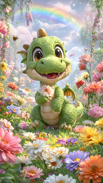 Pastel Enchanted Kingdom Background Cute Baby Dragon in Vibrant Flower Garden with Rainbow Kawaii Fairytale Fantasy Wallpaper Dreamy Storybook Magical Landscape  