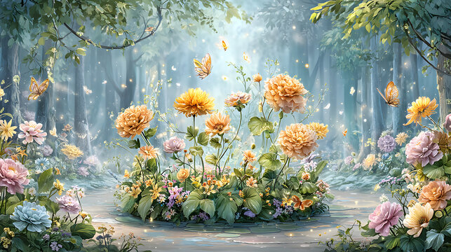 Pastel Enchanted Kingdom Background Enchanted Forest with Blooming Flowers and Butterflies Kawaii Fairytale Fantasy Wallpaper Dreamy Storybook Magical Landscape  