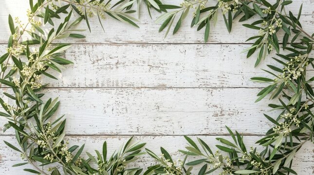 Olive branches form a natural frame around a rustic white wooden background with central empty space.