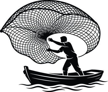 Fisherman throwing a net from a boat vector illustration