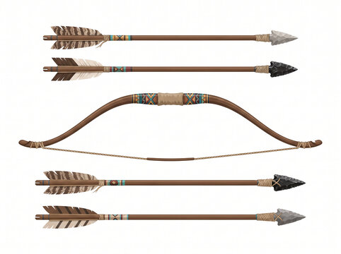 Traditional Native American Wooden Bow and Arrow Set with Feather Fletching and Flint Arrowheads