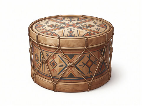 Traditional Ethnic Tribal Drum with Geometric Patterns and Leather Lacing