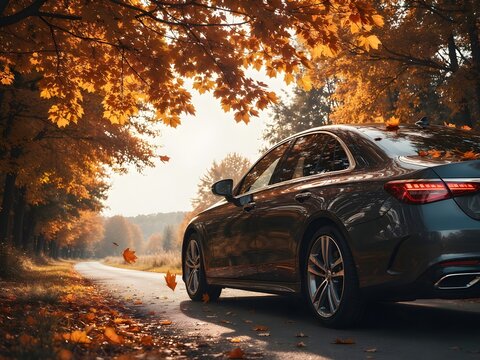 Dark sedan parked on a scenic road beneath autumn foliage