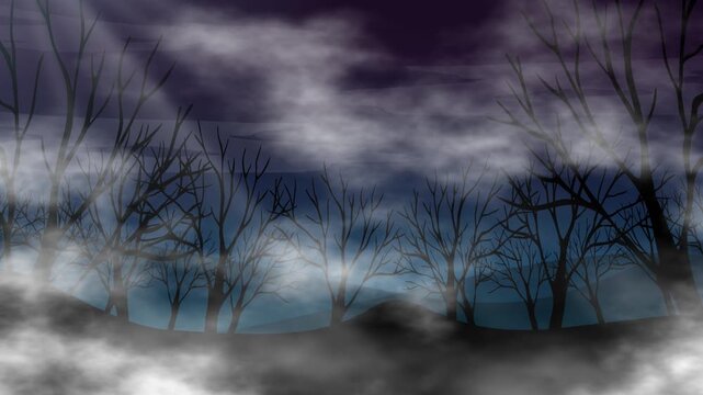 Spooky Animated Forest with Fog and Moonlight Rays in Cloudy Night Sky