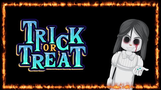Animated Trick or Treat Text with Spooky Girl and Fire Frame