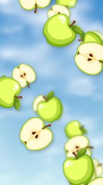 Vertical Animation of Green Apples and Slices Falling Against Blue Sky