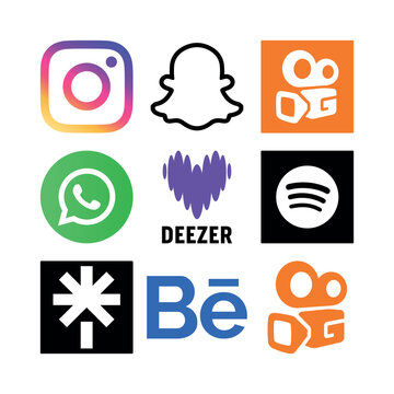 Social Media & Brand Logos - Instagram, Snapchat, Deezer, WhatsApp, Spotify, Bilibili, OG featuring Facebook, TikTok, Twitter, WhatsApp, Telegram icons, modern social media